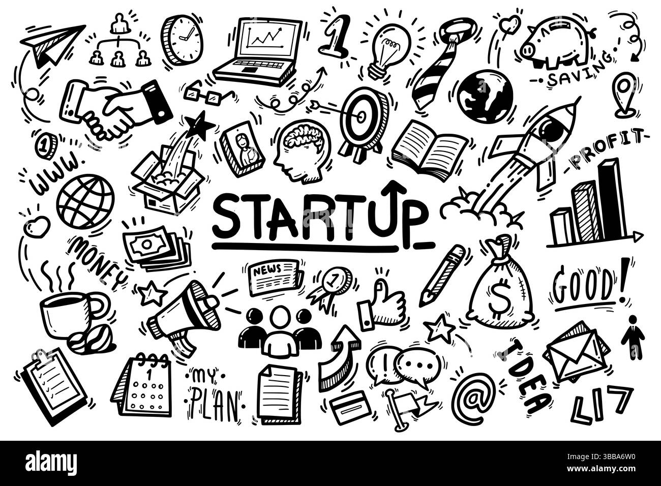set di elementi vettoriali relativi alla strategia aziendale di avvio. contorno cartoni animati disegnato a mano, linea in grassetto nera isolata su sfondo bianco Illustrazione Vettoriale