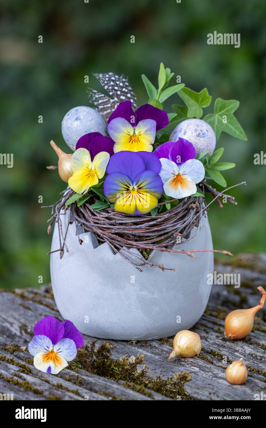 composizione floreale di fiori viola viola in un vaso a forma di uovo Foto Stock
