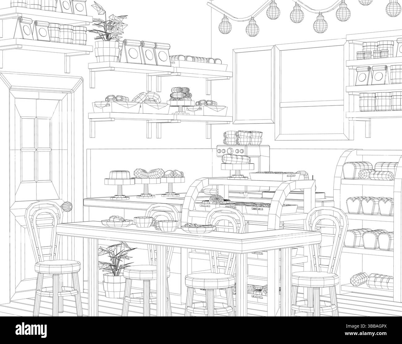 Una wireframe vettoriale che raffigura un moderno interno da caffetteria, con un bancone, sgabelli da bar, scaffali con pasticcini e piante in vaso. Il progetto utilizza Illustrazione Vettoriale