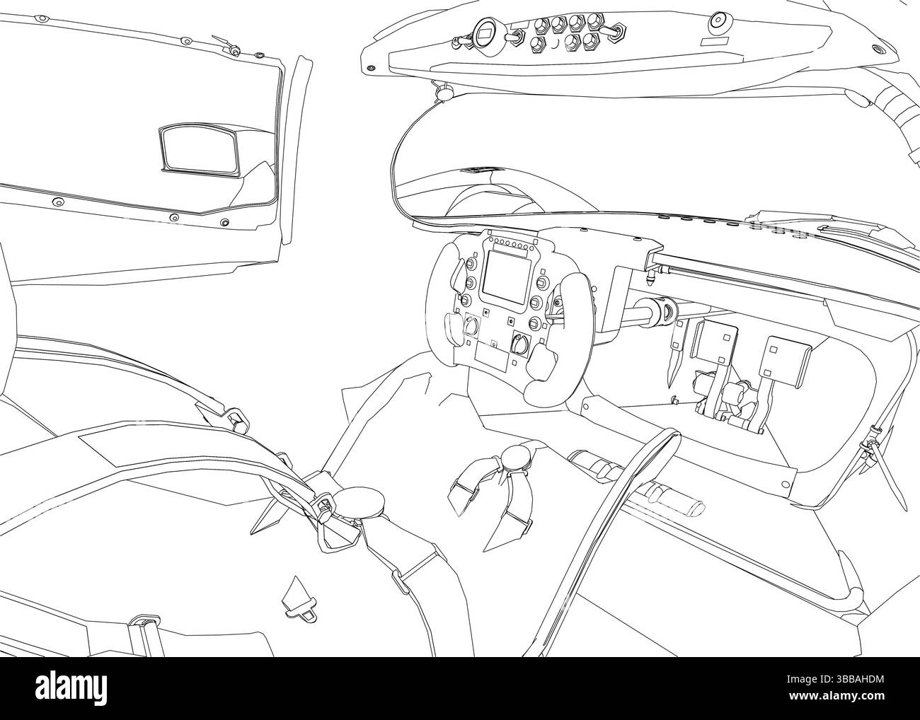Interni di un'auto con volante e cambio marcia. L'interno è bianco e nero Illustrazione Vettoriale