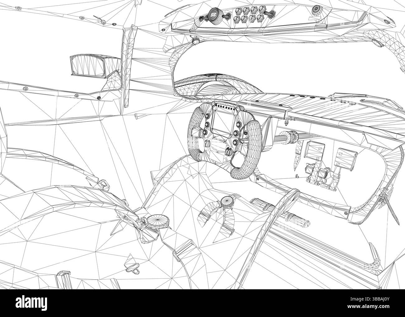 Disegno dell'abitacolo con volante e cambio marcia. Il disegno è in bianco e nero e ha un aspetto stilizzato Illustrazione Vettoriale