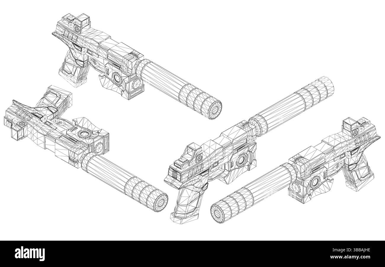 Tre pistole sono mostrate in una foto in bianco e nero. Le pistole sono di tutte le dimensioni e sono posizionate in varie angolazioni. Concetto di mistero e intrigu Illustrazione Vettoriale