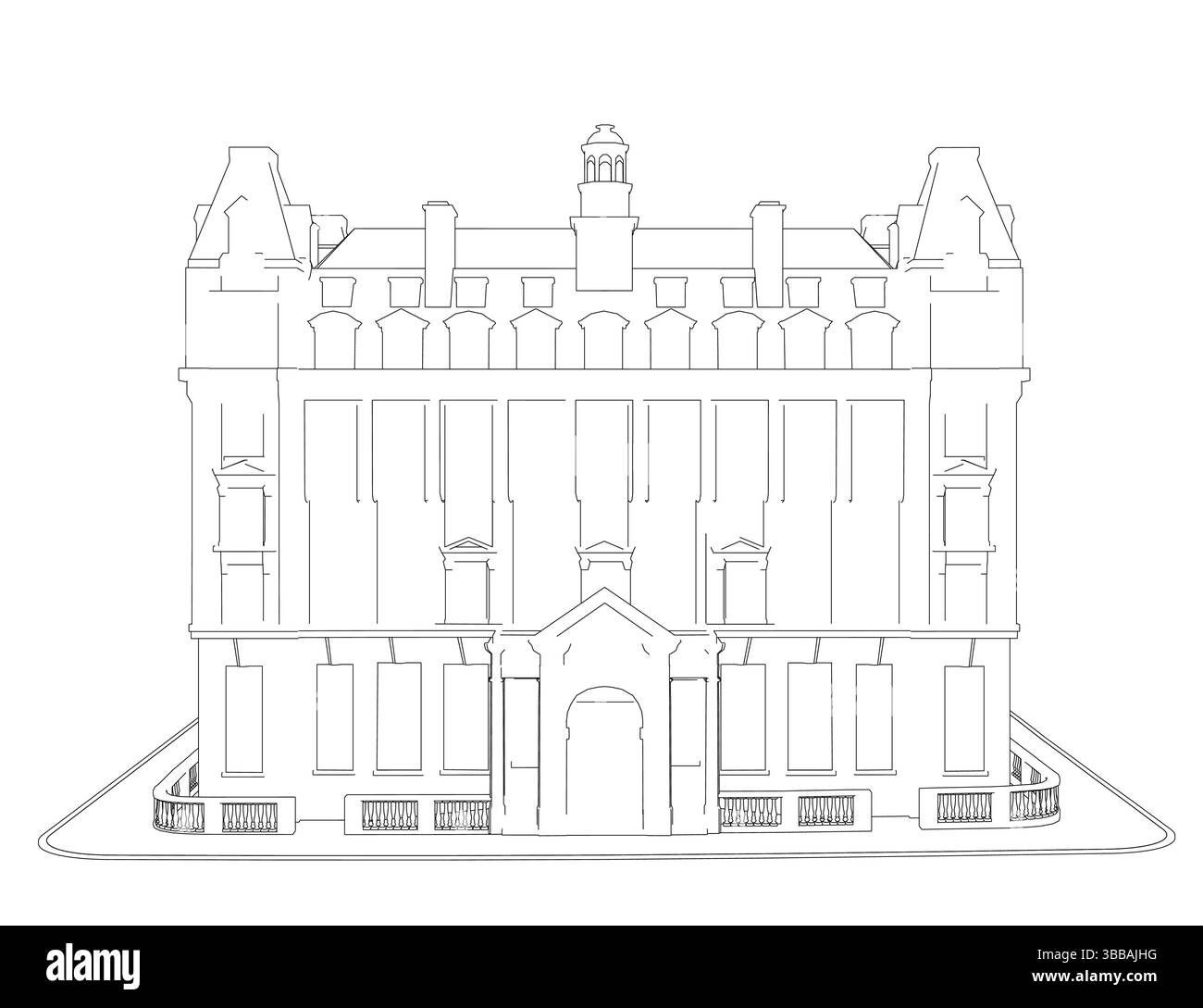 Un grande edificio con un'alta torre e una piccola finestra. L'edificio è bianco e presenta molti dettagli Illustrazione Vettoriale