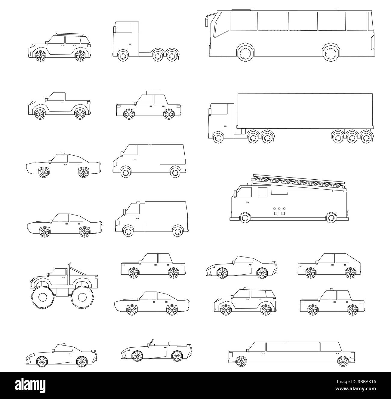 Una collezione di diversi tipi di veicoli, tra cui auto, camion e autobus. I veicoli sono tutti disegnati in bianco e nero, con alcune ruote. Lato Illustrazione Vettoriale