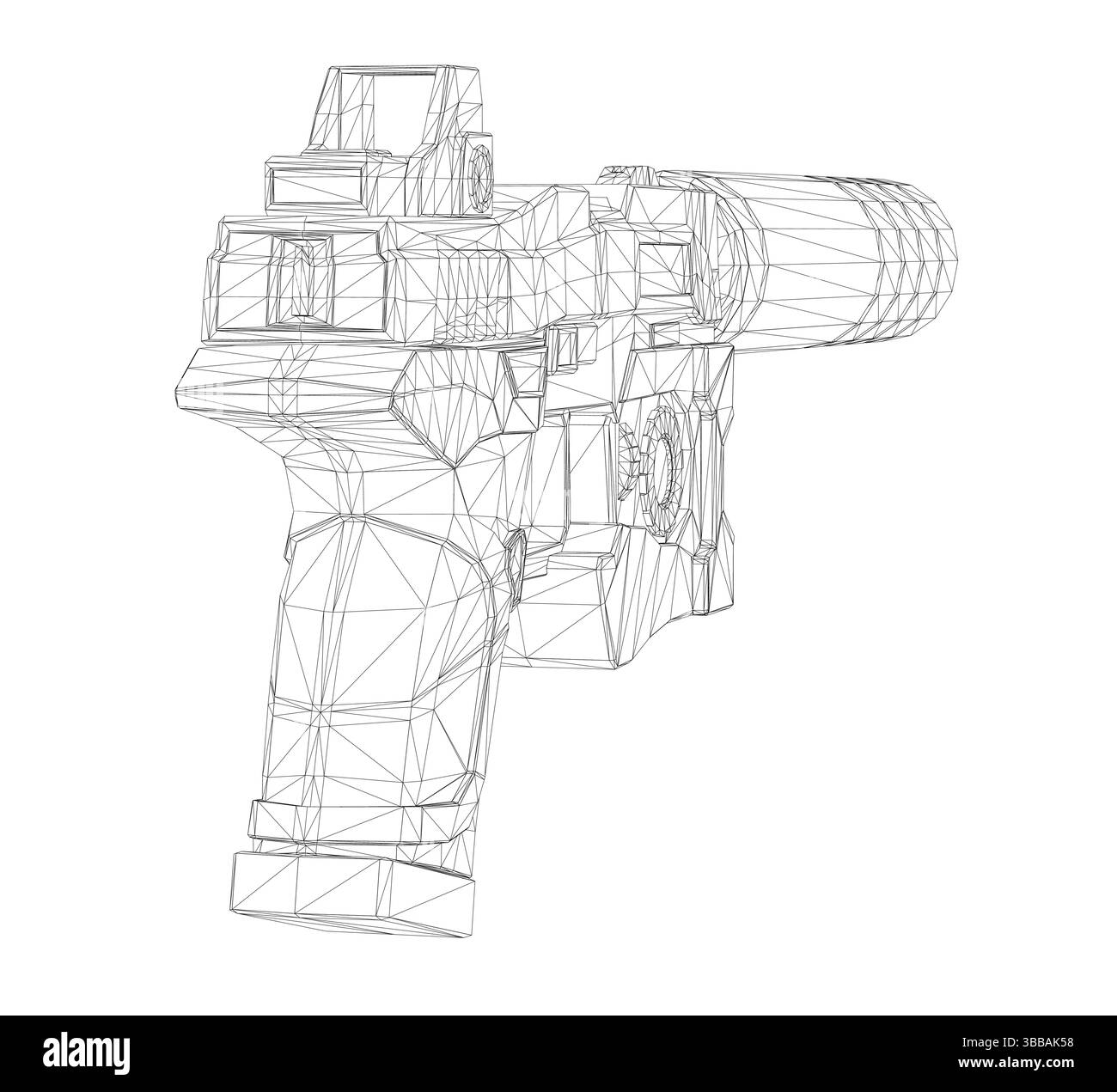 Una pistola è mostrata in un disegno in bianco e nero. La pistola è una pistola ed è mostrata in una prospettiva 3D. Il disegno e' di una pistola che non e' in uso, e questo Illustrazione Vettoriale
