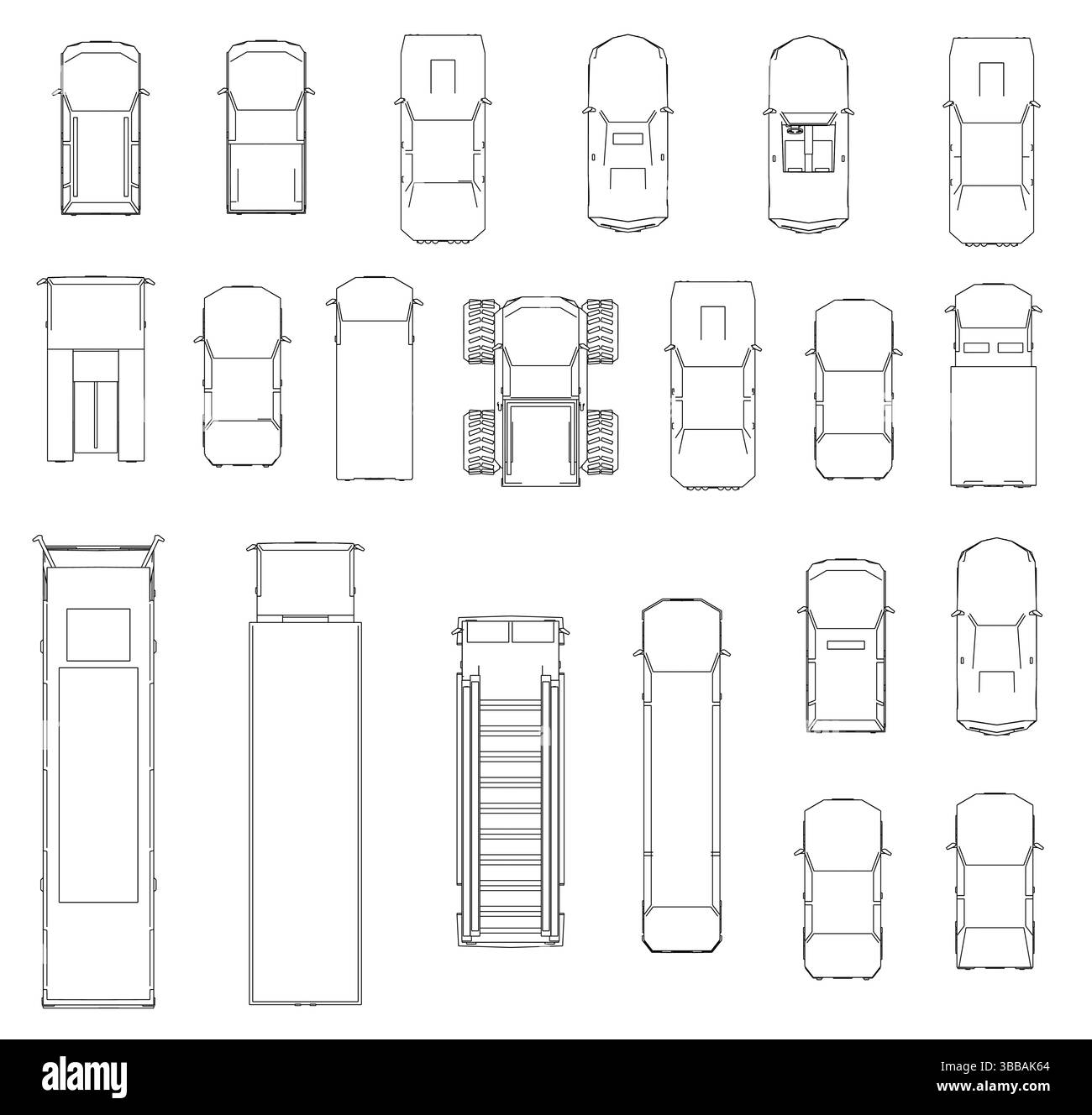 Una collezione di disegni di auto di varie dimensioni e stili. I disegni sono tutti in bianco e nero e sono di diversi tipi di veicoli, come le automobili, Illustrazione Vettoriale