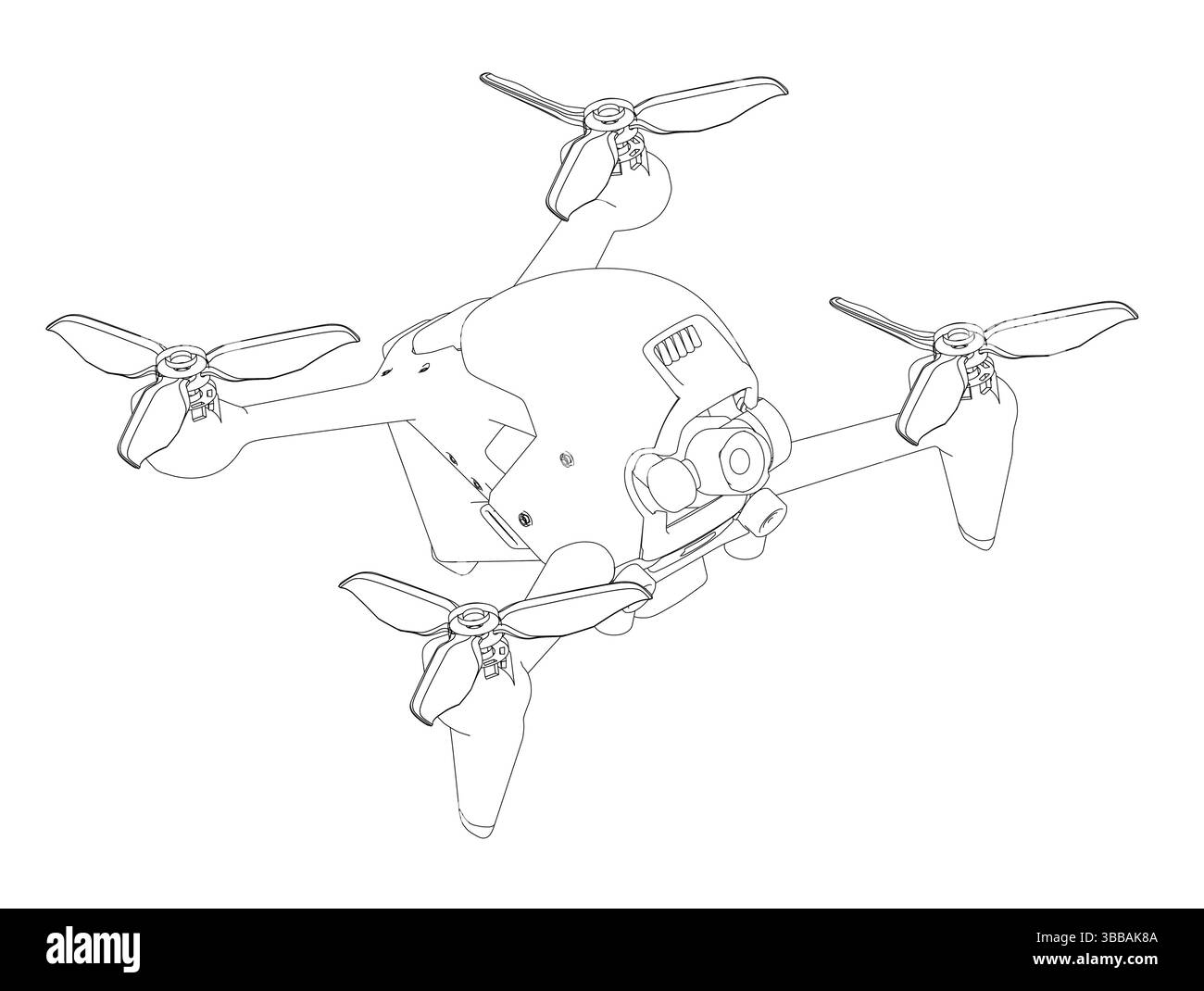 Un disegno di un drone con quattro eliche. Il drone è bianco e nero Illustrazione Vettoriale