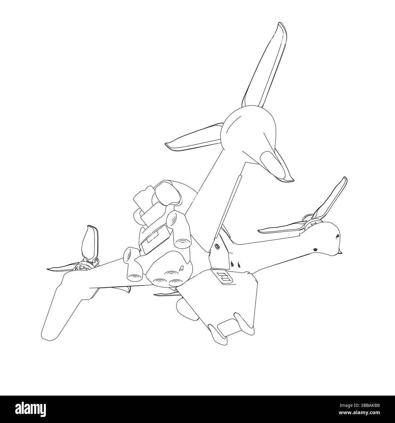 Un disegno di un piccolo drone con un'elica. Il drone è capovolto e presenta una combinazione di colori in bianco e nero Illustrazione Vettoriale