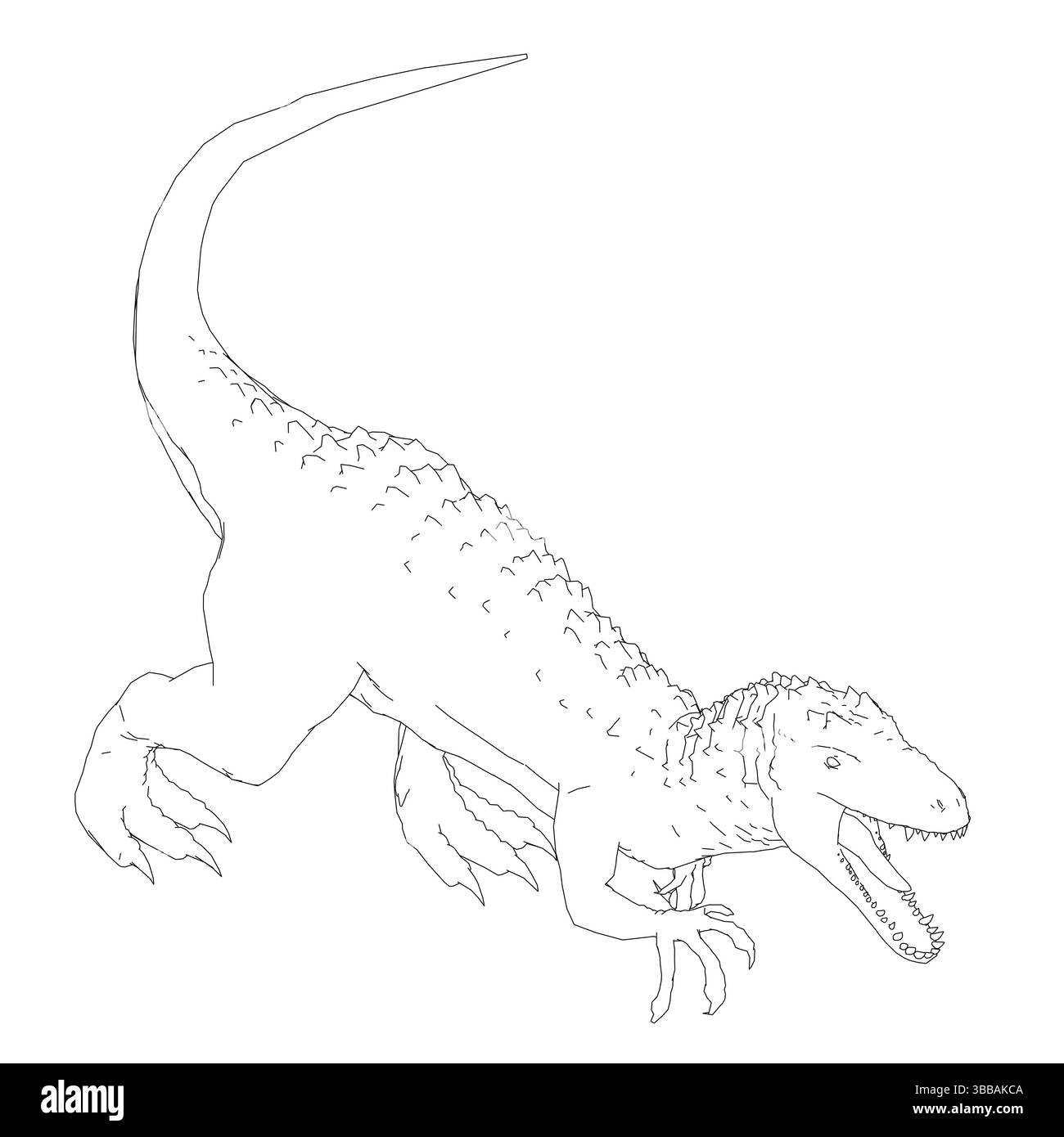 Un grande disegno bianco di un dinosauro con la bocca aperta. Il dinosauro è raffigurato come un predatore, pronto ad attaccare. Il disegno è in bianco e nero, g Illustrazione Vettoriale