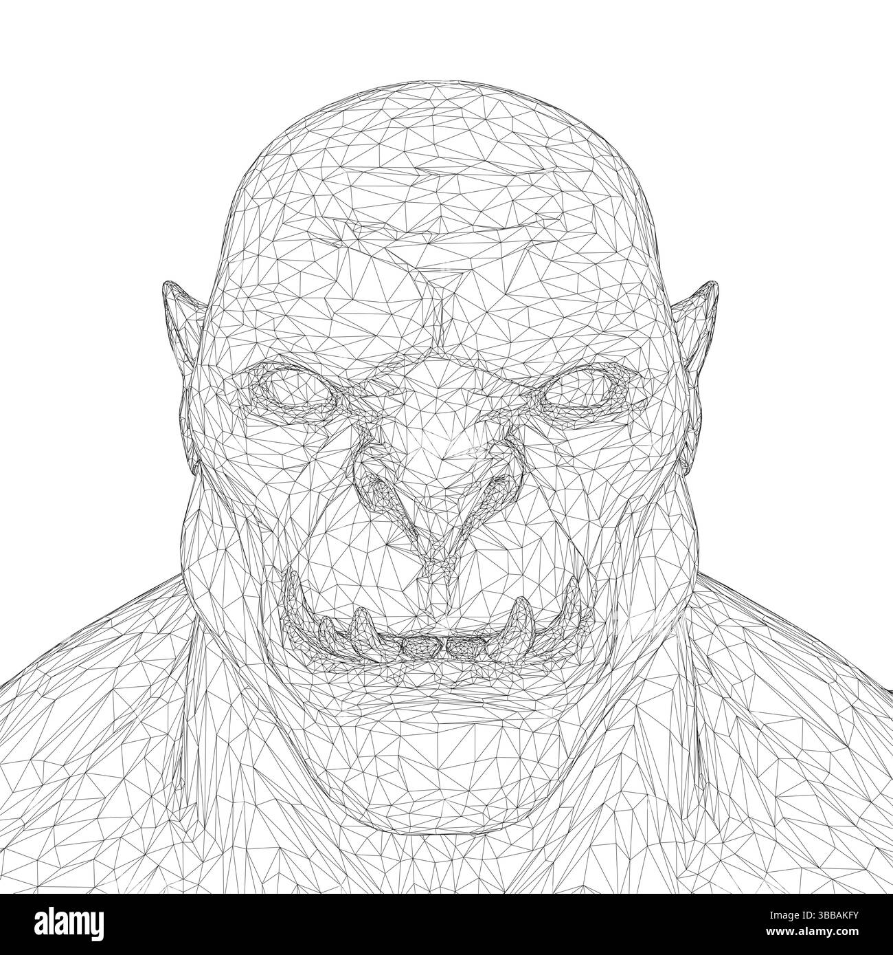 Un orco con una testa grande e uno sguardo minaccioso sul suo volto. L'immagine è in bianco e nero ed è una rappresentazione cartoonesca di un personaggio. La scena è scura A. Illustrazione Vettoriale