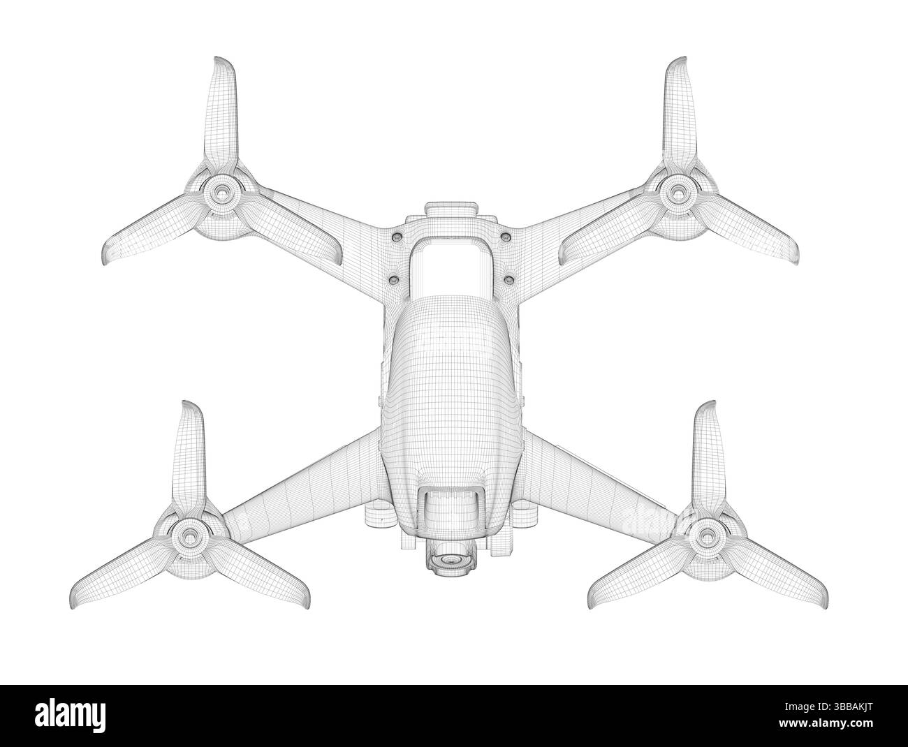 Un disegno di un quadricottero con una videocamera in alto. Il quadricottero è bianco e nero Illustrazione Vettoriale
