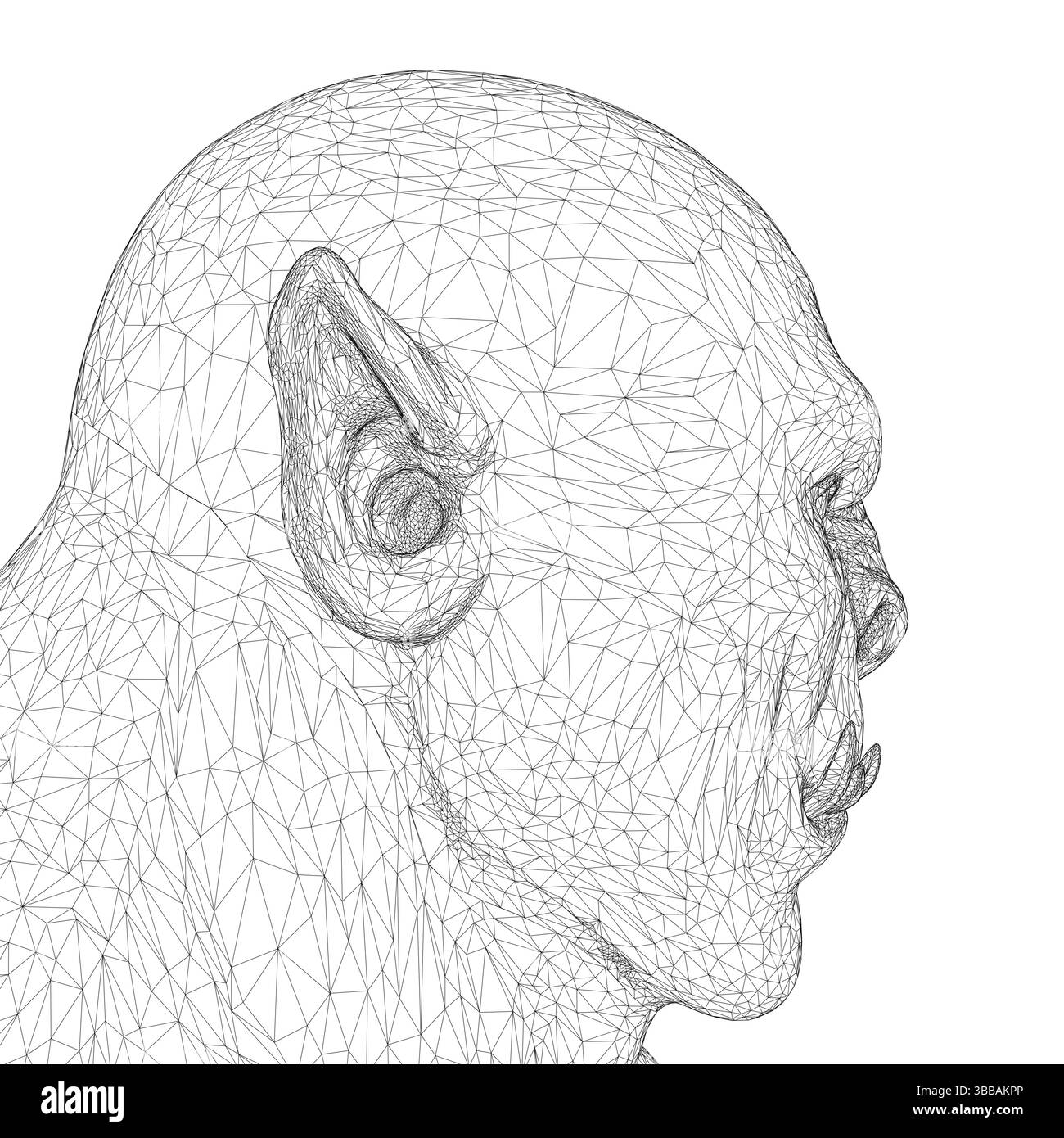 Una testa Orc con un orecchio grande. La testa è disegnata in bianco e nero. Vista laterale Illustrazione Vettoriale