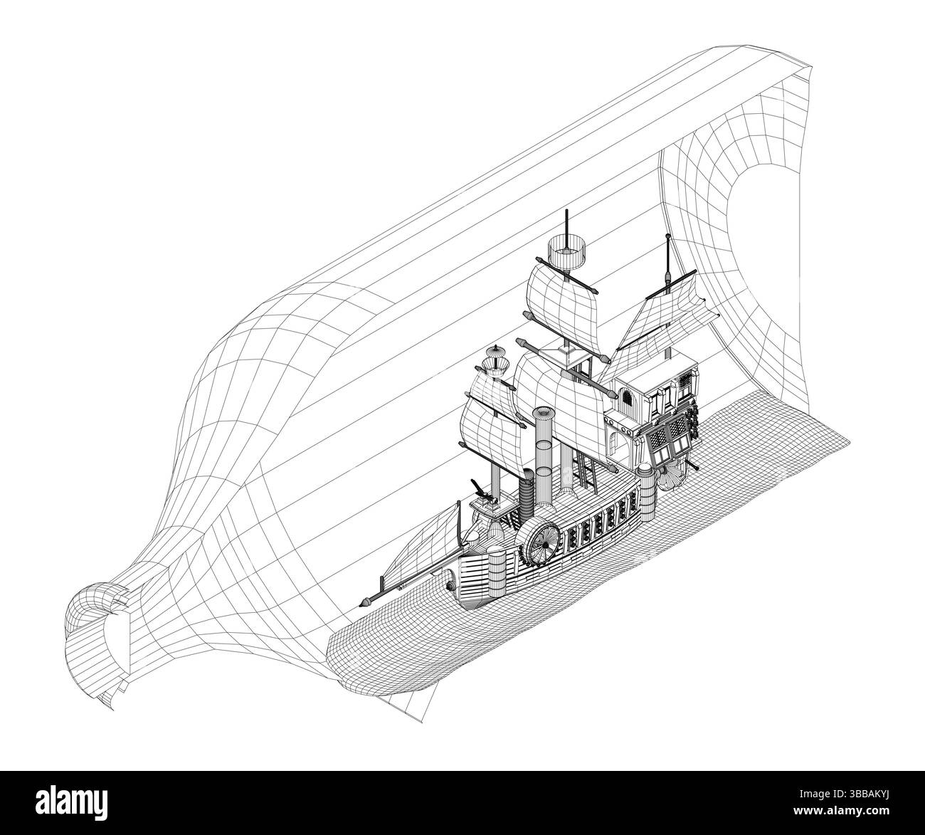 Una nave è mostrata in un disegno con una bottiglia sullo sfondo. La nave è grande ed è circondata dall'acqua. Il flacone è posizionato al centro del dr Illustrazione Vettoriale
