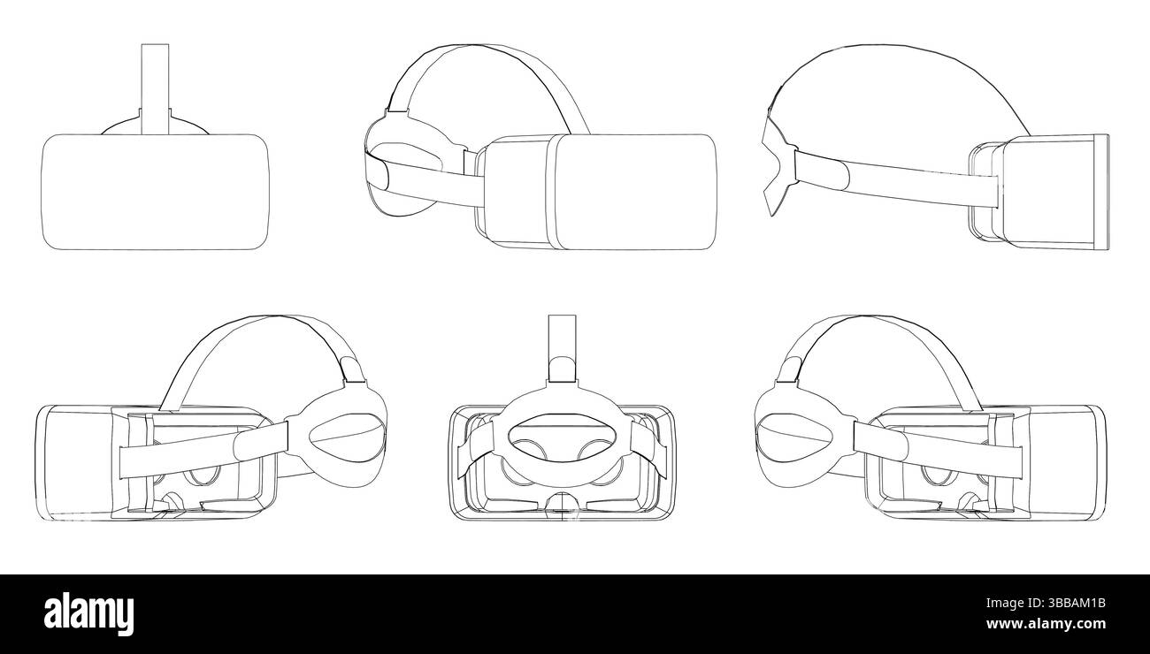 Una serie di disegni di un visore per la realtà virtuale. I disegni presentano angolazioni diverse e mostrano la cuffia da diverse prospettive. L'umore di t Illustrazione Vettoriale