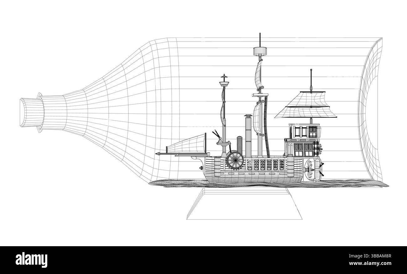 Una nave è mostrata con una bottiglia sul lato. La nave è una grande barca con molti dettagli. La bottiglia si trova sul lato della nave e non è la principale Illustrazione Vettoriale