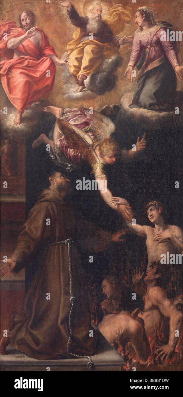 Bologna - il dipinto di preghiera di San Francesco d'Assisi per le anime in purgatorio nella Basilica di Santa Maria dei Servi Foto Stock