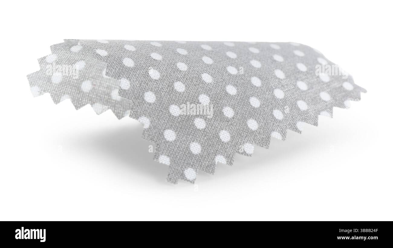 Campione di tessuto grigio con pois di polka isolato su bianco Foto Stock