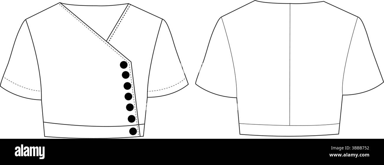 Top a manica corta asimmetrica con chiusura laterale con bottoni | illustrazione tecnica moda | modello di abbigliamento piatto CAD | Vista frontale e posteriore Illustrazione Vettoriale