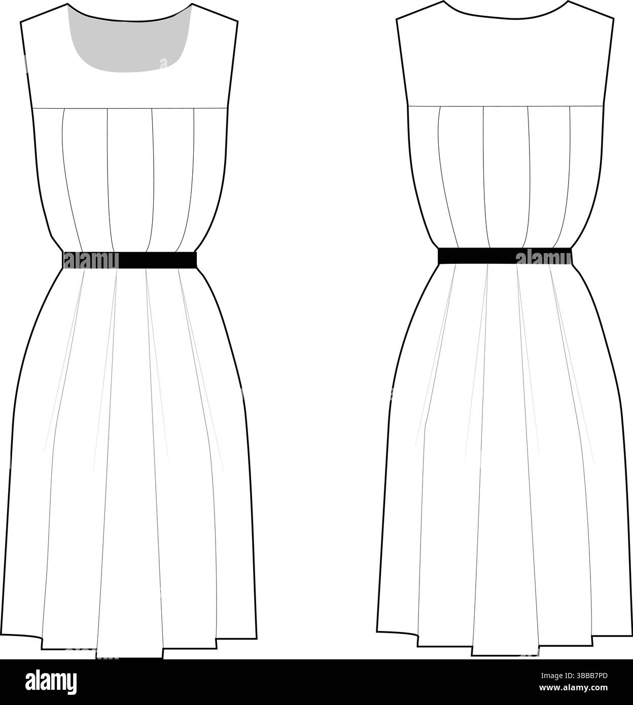 Abito a pieghe bianco senza maniche con cintura nera | illustrazione tecnica di moda | modello di abbigliamento piatto CAD | Vista frontale e posteriore Illustrazione Vettoriale
