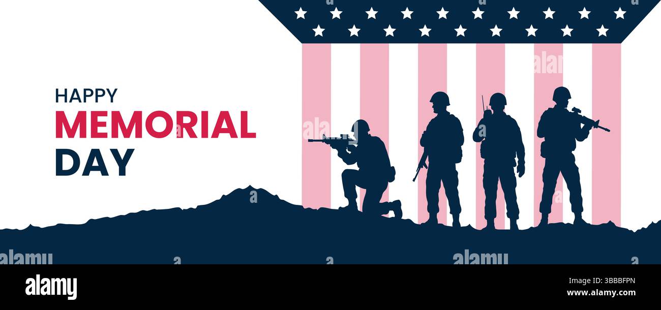 Happy Memorial Day Banner, Tribute Soldiers silhouette, sfondo bandiera americana Illustrazione Vettoriale