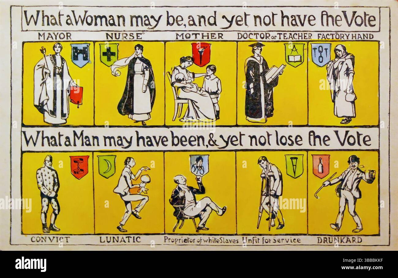 Quello che una donna può essere, e non avere il voto, 1912 voti a suffragetta pro suffragetta per i diritti delle donne per le cartoline femminili Foto Stock