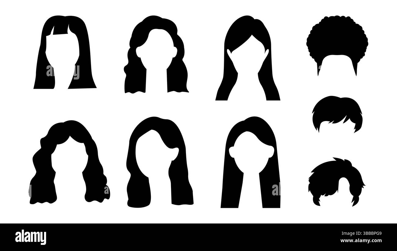 Un set di acconciature da donna. Collezione di tagli di capelli femminili di colore nero. Illustrazione Vettoriale