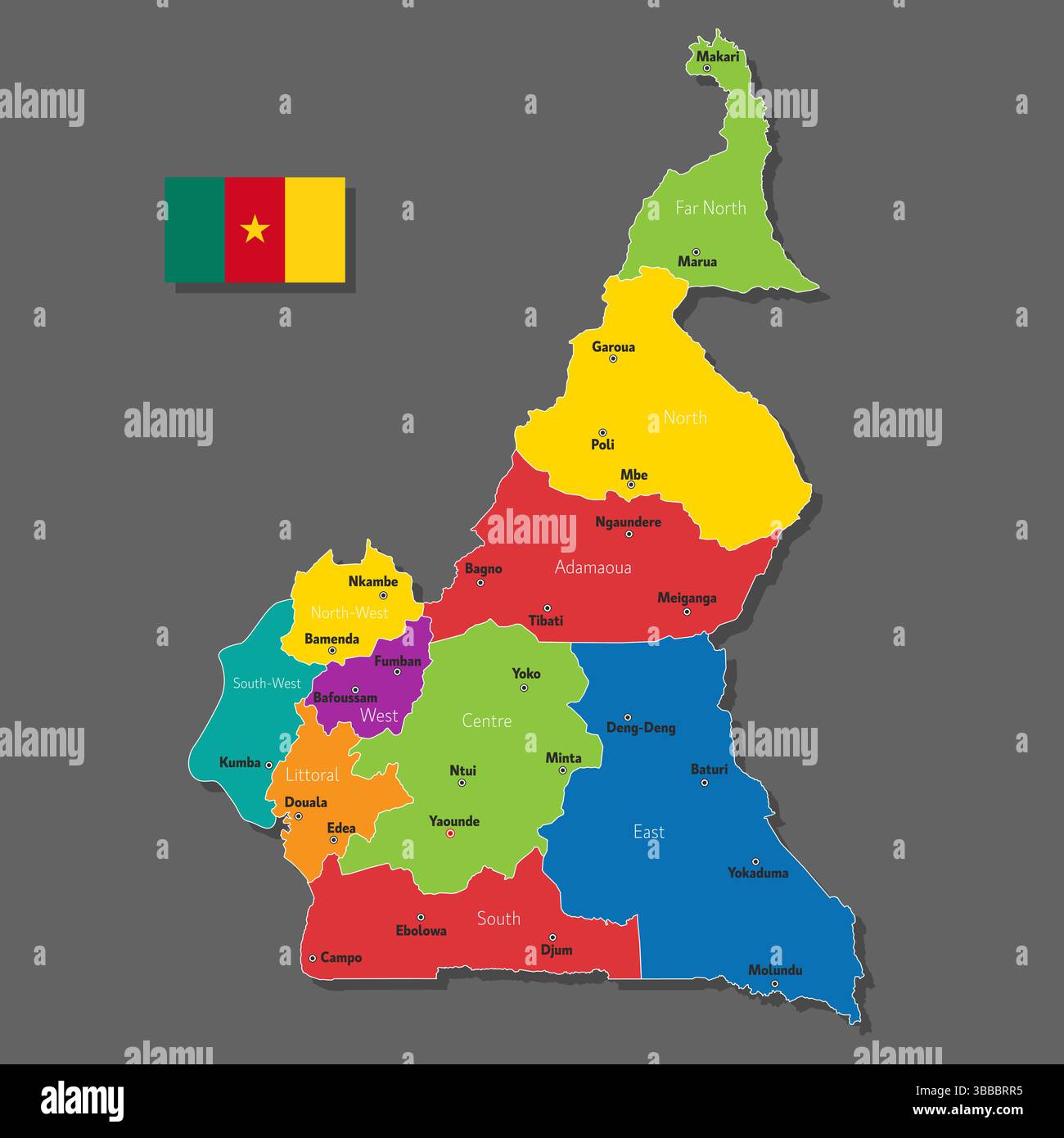 Mappa vettoriale del Camerun con i nomi delle città e con i confini città Illustrazione Vettoriale