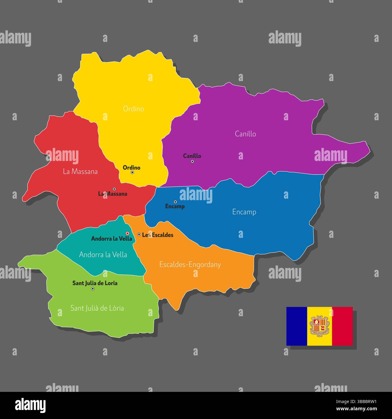 Mappa vettoriale di Andorra con i nomi delle città e con i confini della città Illustrazione Vettoriale