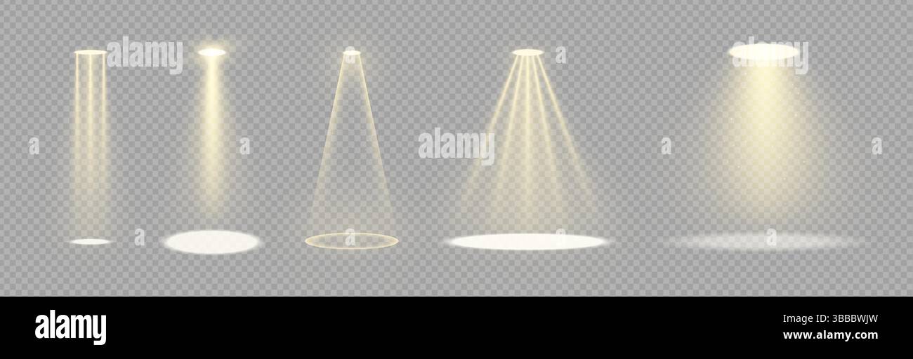 Set di faretti dorati con fasci volumetrici su sfondo scuro. Effetto vettoriale realistico per scene di scena o eventi. Collezione luminosa, brillante e brillante per concerti o spettacoli teatrali. Illustrazione Vettoriale