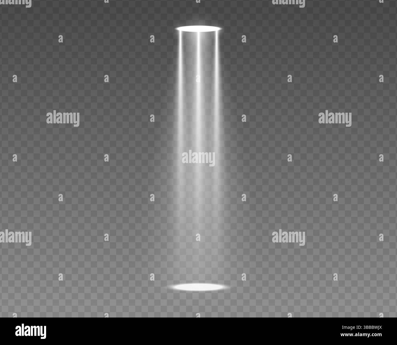 Fascio luminoso di luce con luce brillante su sfondo scuro. Illustrazione vettoriale per l'illuminazione di concerti, scene di nightclub o eventi di festa. Effetto neon con glitter e riflessi scintillanti. Illustrazione Vettoriale