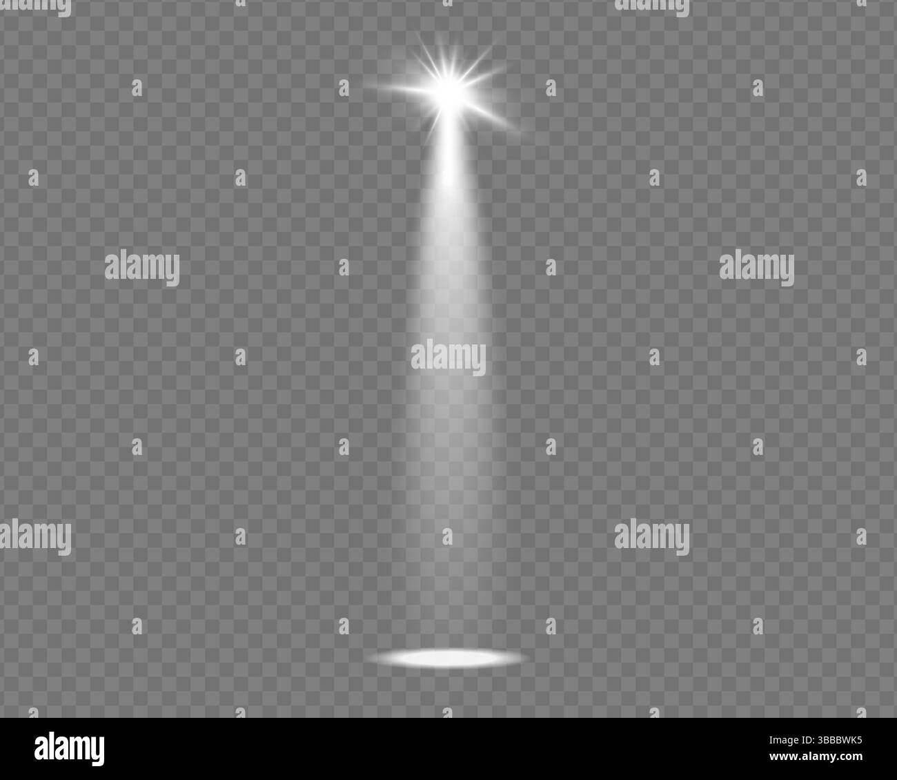 Spot realistico da palcoscenico con fascio luminoso su sfondo scuro. Illustrazione vettoriale per concerti, spettacoli teatrali o feste. Bagliore al neon con riflessi scintillanti. Perfetto per un nightclub o per l'intrattenimento. Illustrazione Vettoriale