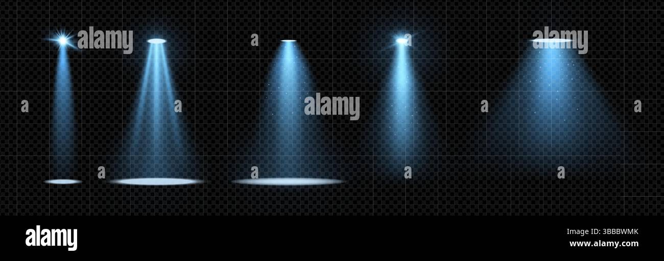 Set di faretti blu con fasci luminosi su sfondo scuro. Effetto vettoriale volumetrico realistico per scene di palcoscenico, concerto o discoteca. Riflessi e flash brillanti per un design di intrattenimento dinamico. Illustrazione Vettoriale
