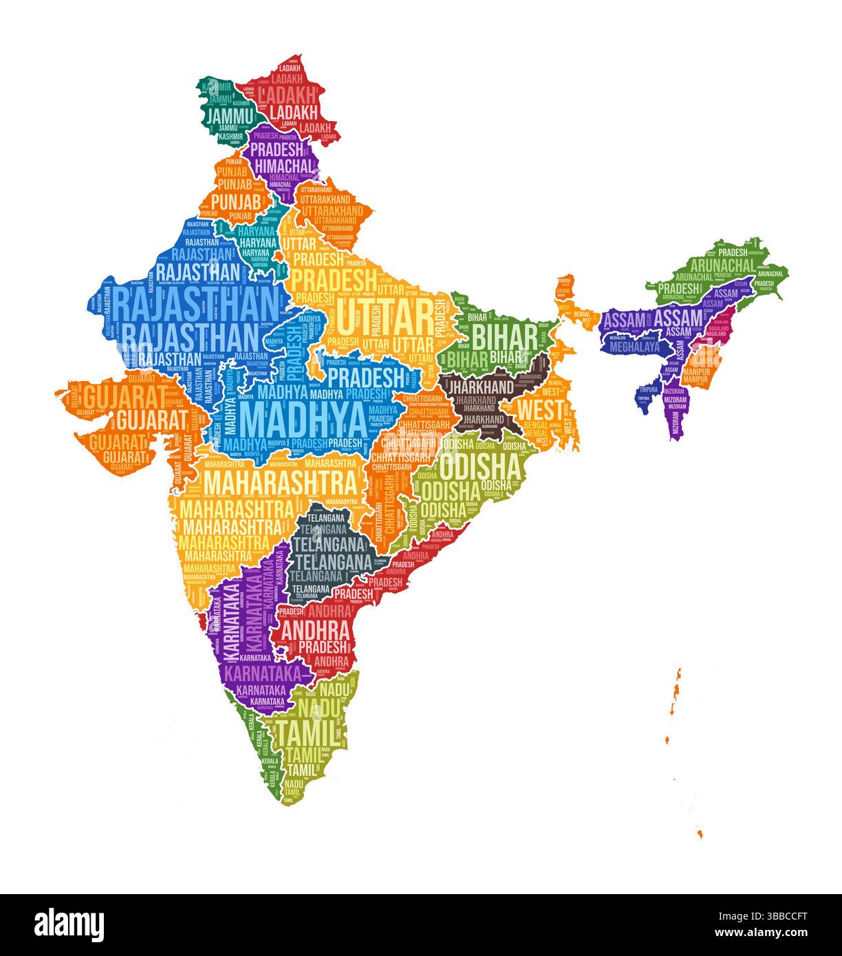Forma India. Nuvola di parole del paese con divisione statale. Illustrazione colorata per l'India. Nuvola nomi stato. Illustrazione vettoriale. Illustrazione Vettoriale