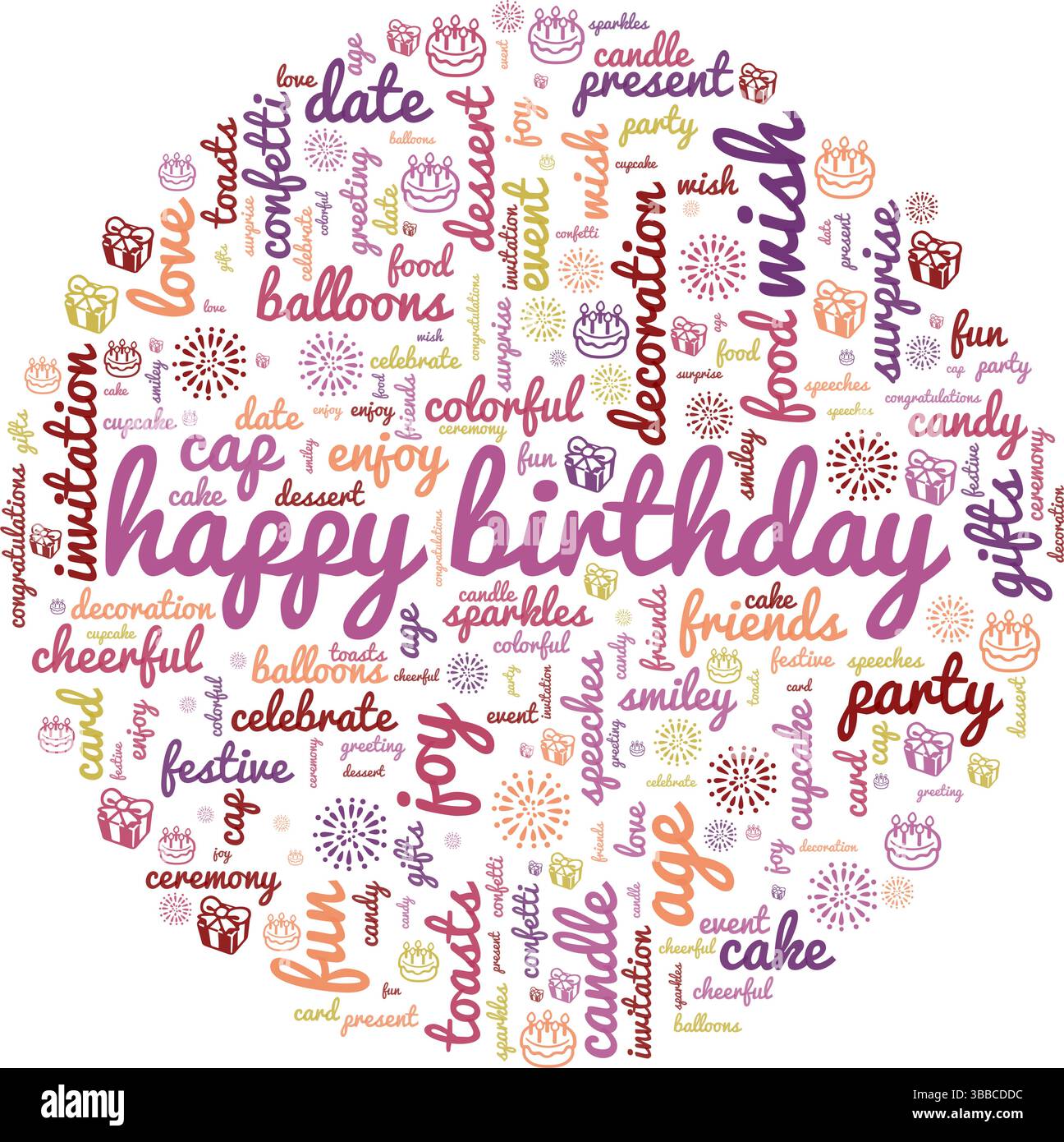 Happy Birthday Card immagine vettoriale Word cloud isolata su sfondo bianco. Illustrazione Vettoriale