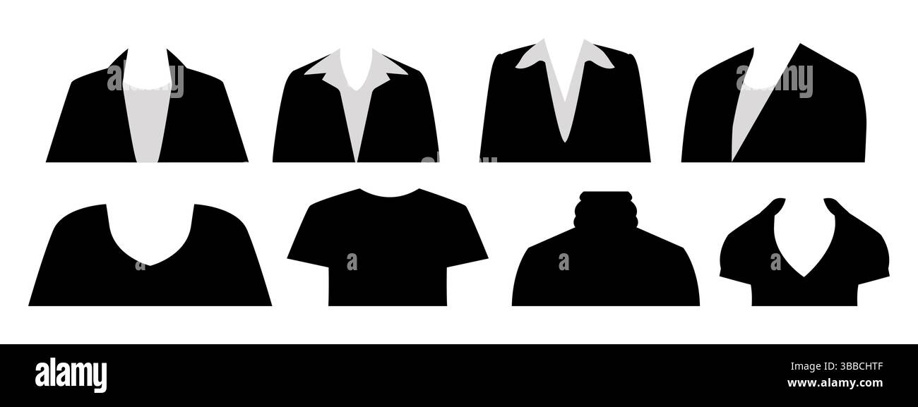 Un set di icone di abiti da donna in bianco e nero. Collezione di illustrazioni in bianco e nero per abiti femminili. Illustrazione Vettoriale