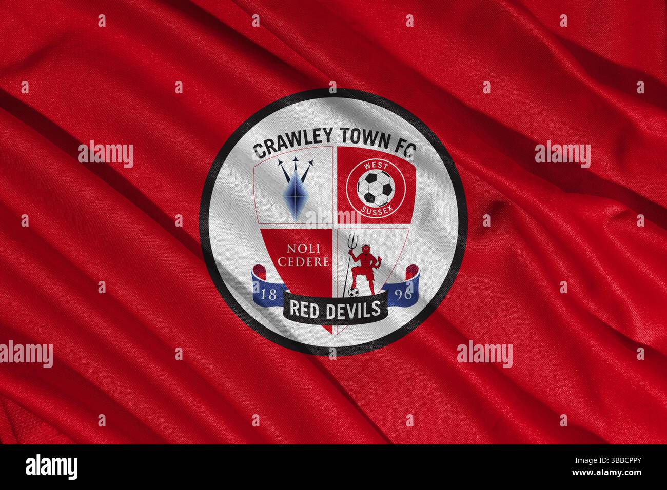 Pringsewu, lampung 25 maggio 2025; focus selettivo del logo della squadra di calcio Crawley Town nel campionato efl League One, illustrazione 3d. Foto Stock