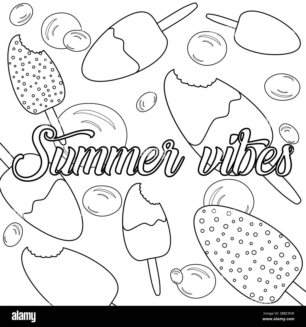 Pagina da colorare con il contorno che disegna una scena di un gelato su un bastoncino, intero e con segni di morso e bolle d'acqua. Vibrazioni estive. Per l'intrattenimento, Illustrazione Vettoriale