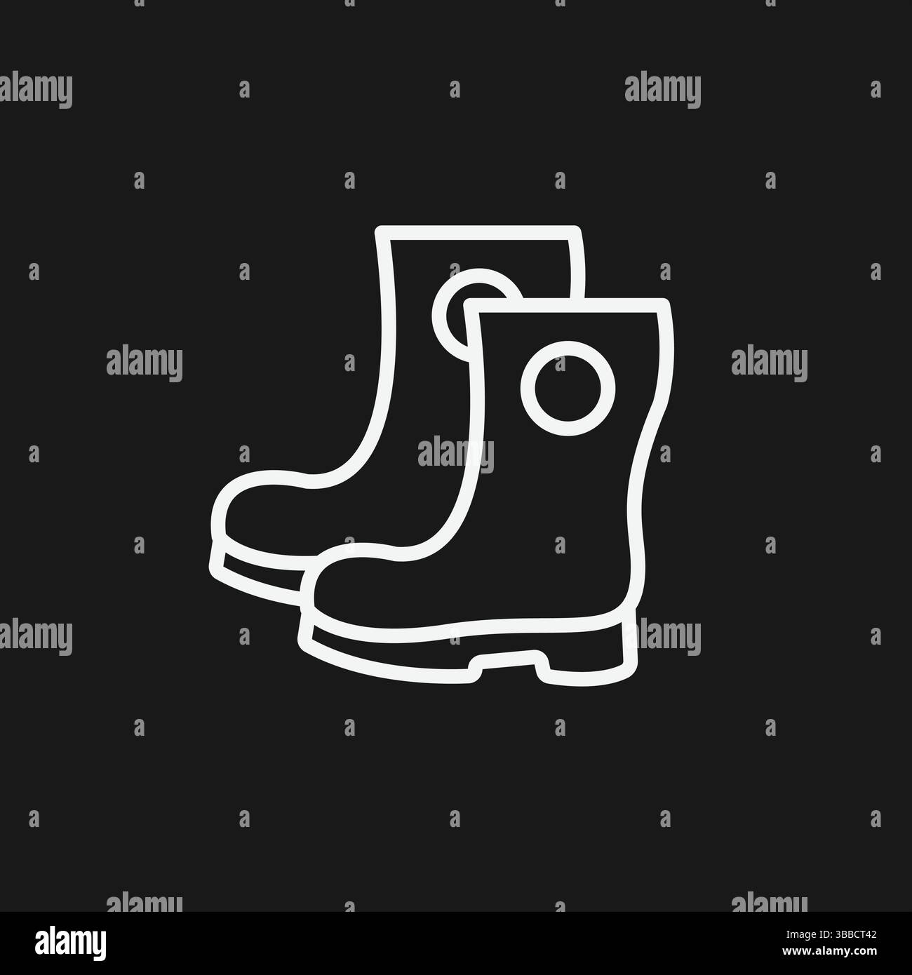 Icona contorno bianco coppia di stivali da pioggia su sfondo nero, calzature Illustrazione Vettoriale