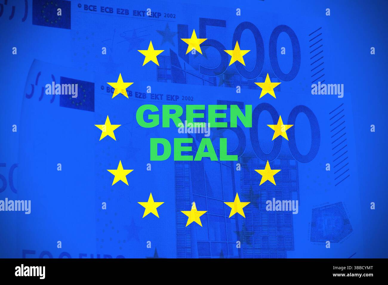Bandiera dell'unione europea con le parole Green Deal - politica ambientale ed ecologica di neutralità climatica. Illustrazione vettoriale Foto Stock