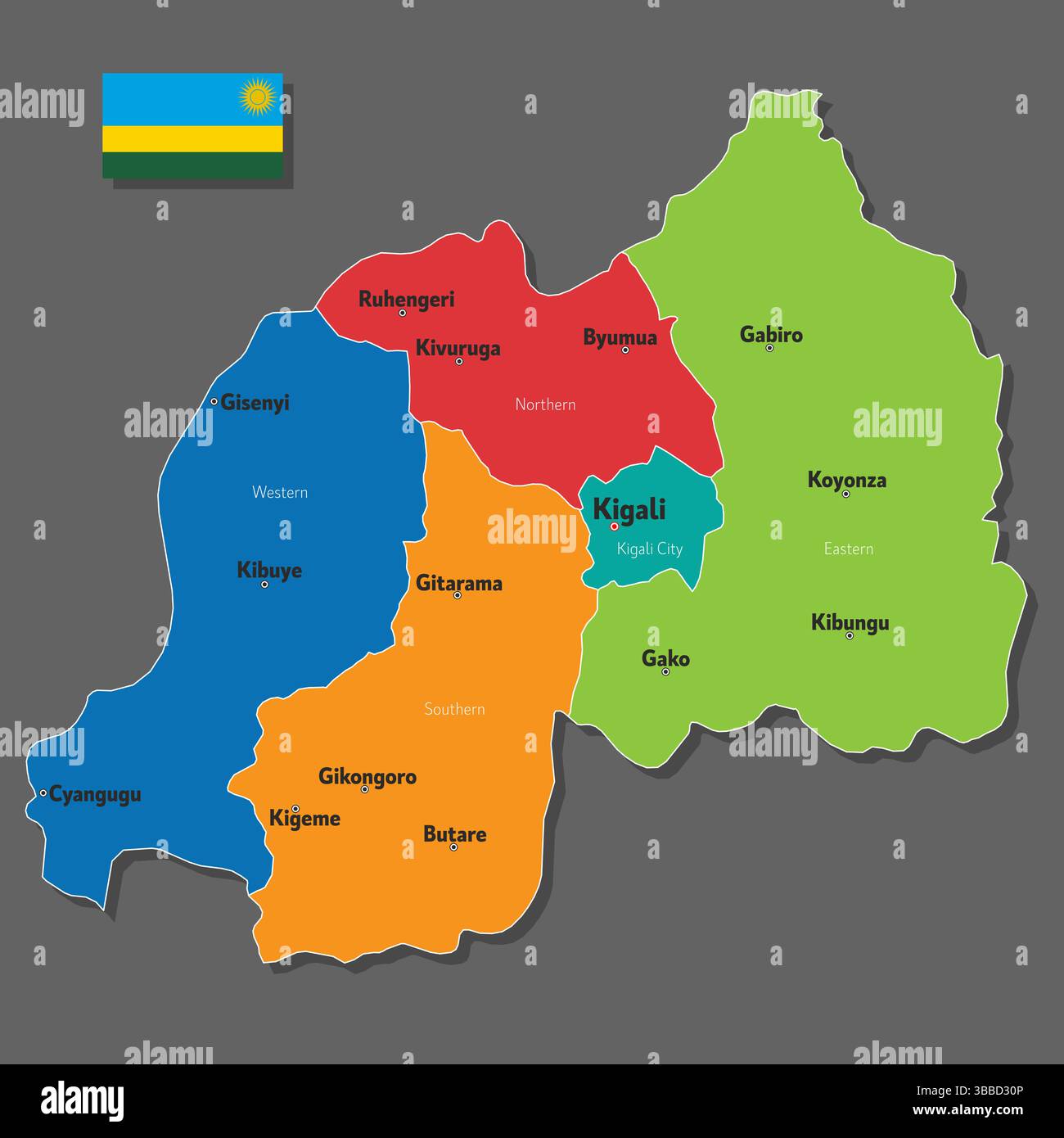 Mappa vettoriale del Ruanda con i nomi delle città e con i confini della città Illustrazione Vettoriale