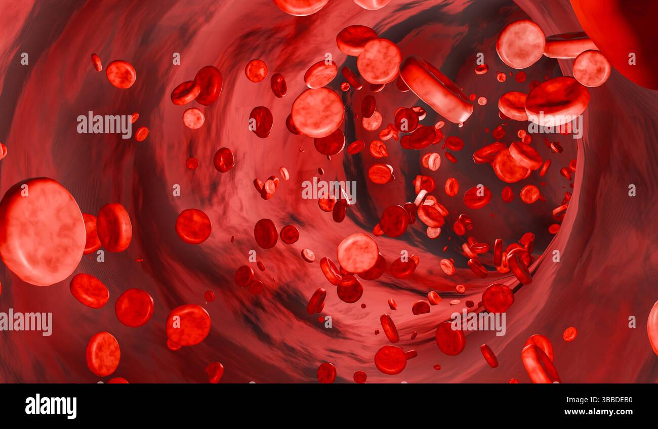 Vena o arteria con cellule ematiche umane. Vena o arteria con cellule ematiche umane. Emoglobina, globulo, flusso sanguigno, plasma sanguigno, arterie. Illustrazione 3D img science012s01 Blood Cells Foto Stock