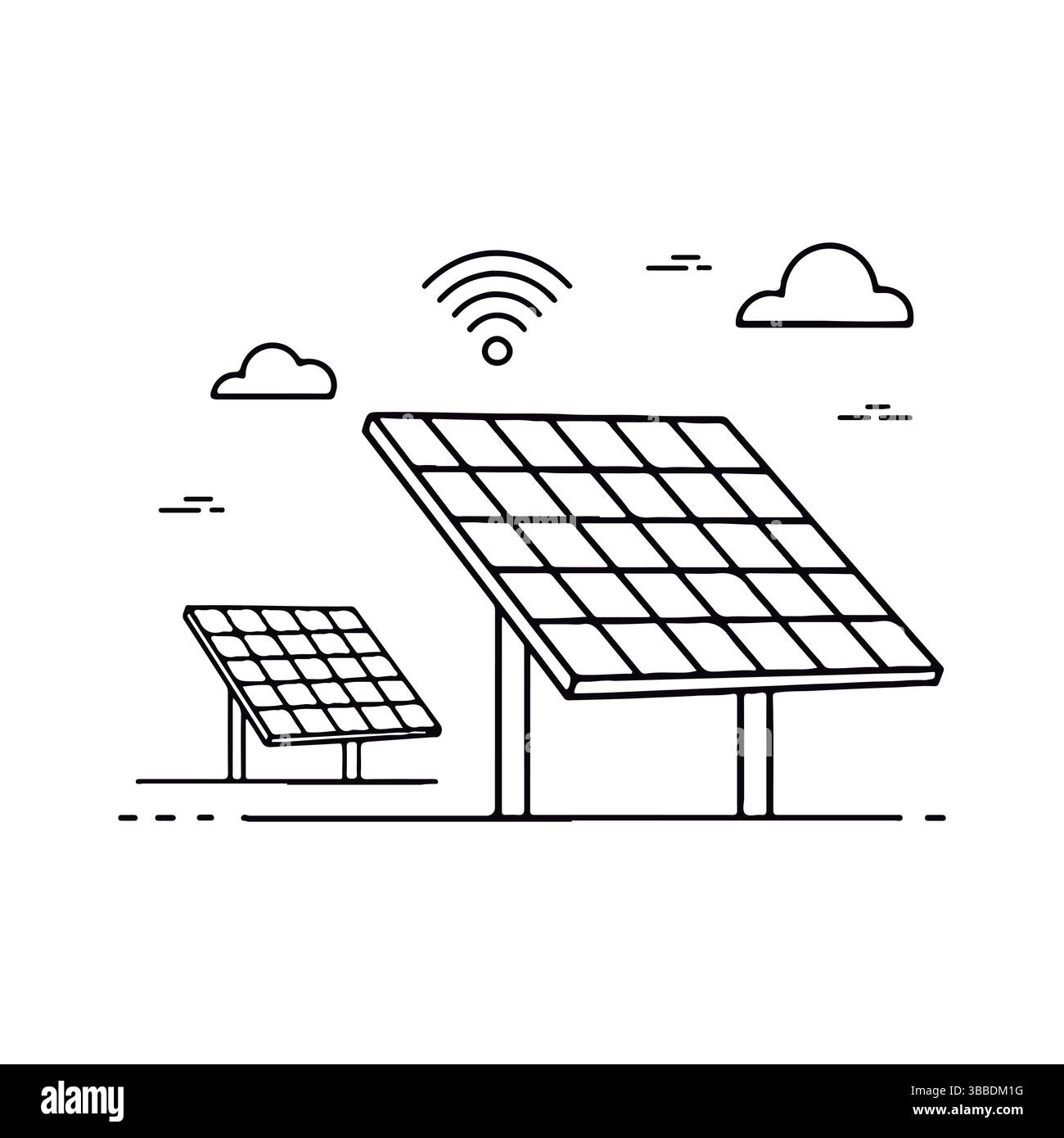 Sistema Smart Solar Panel con connessione wireless. Pannelli solari con simbolo Wi-Fi. Illustrazione Vettoriale