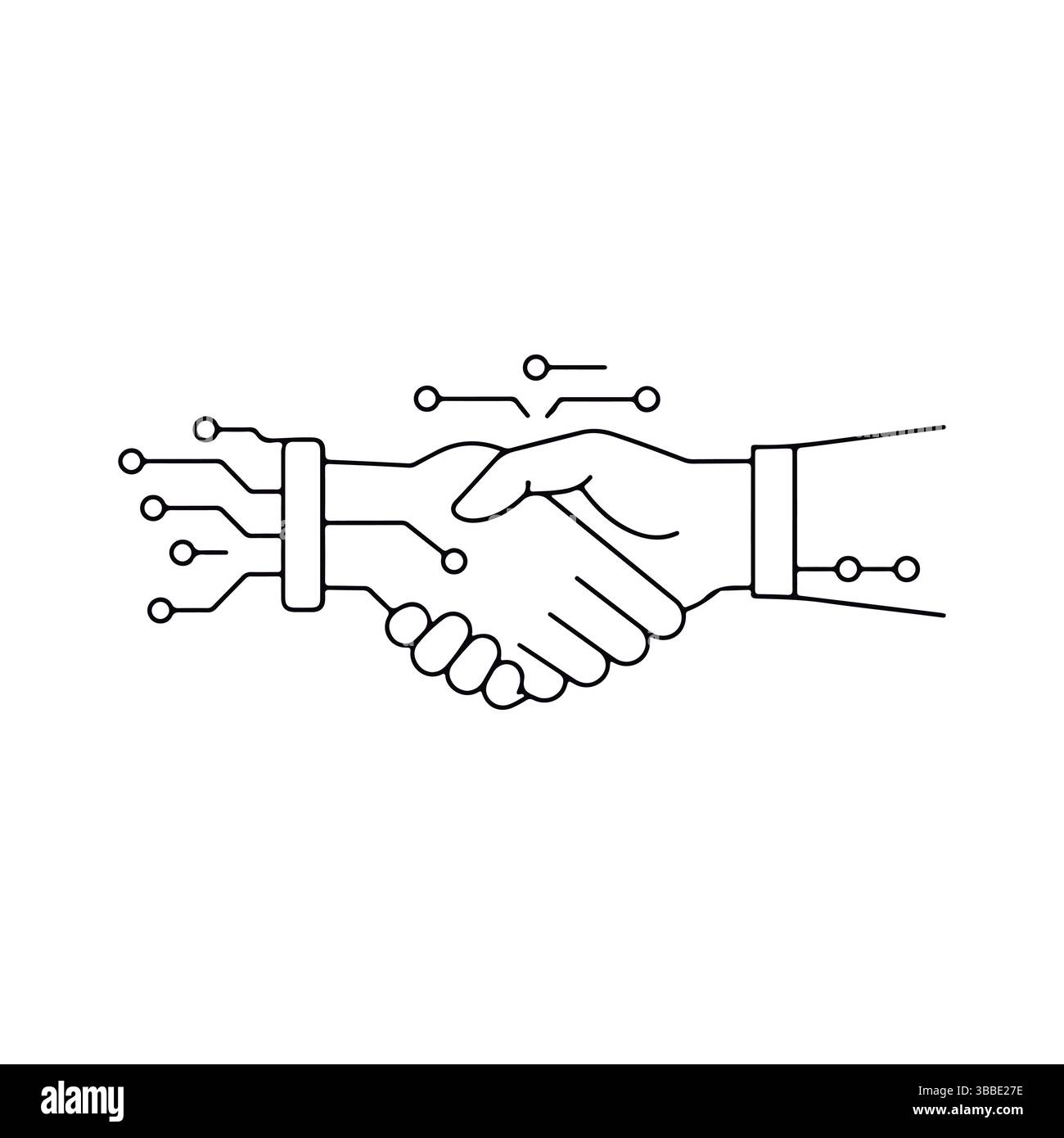 Handshake con Digital Network Graphic. Simbolo di illustrazione del contratto tecnologico. Illustrazione Vettoriale