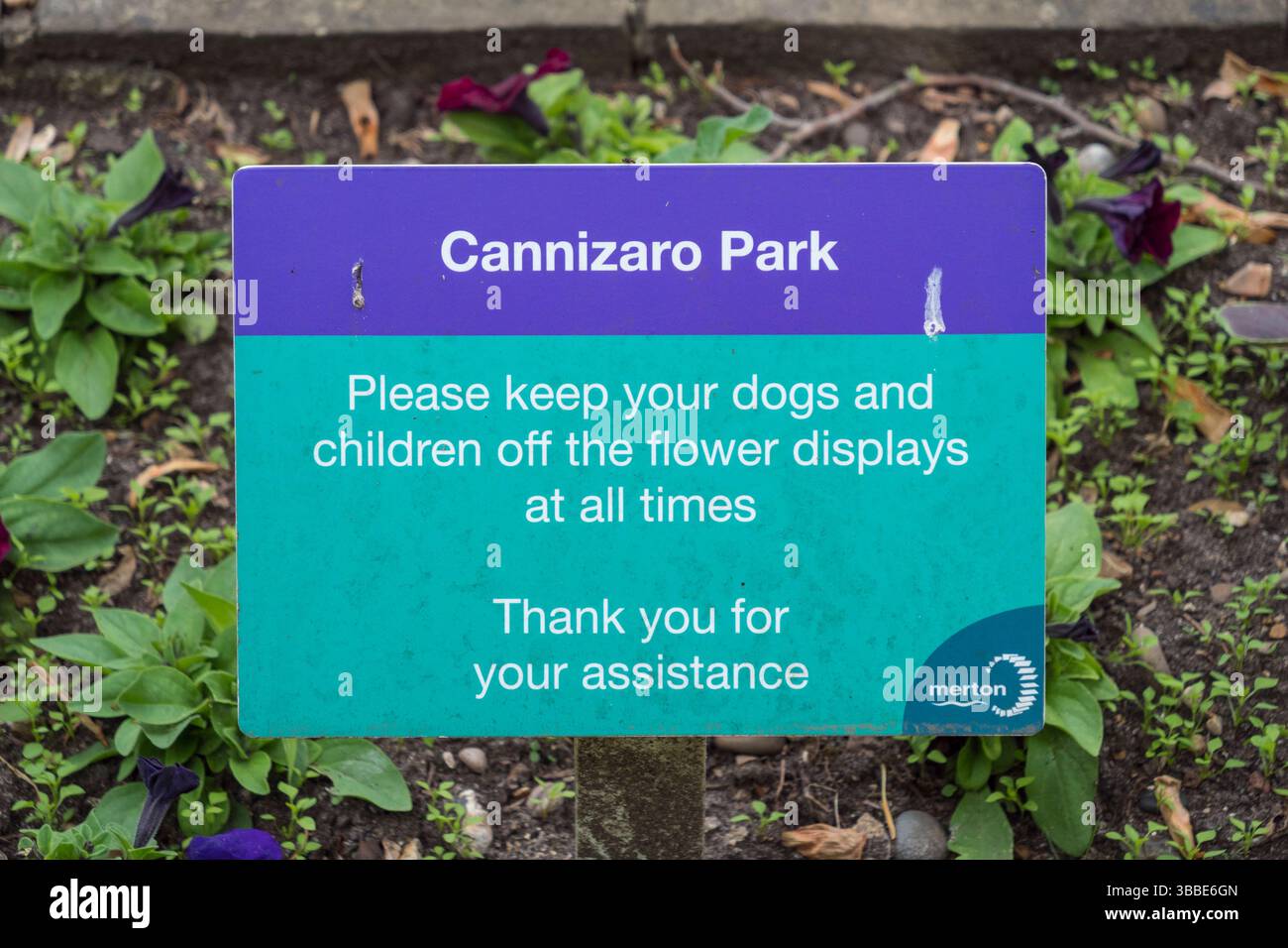 Cartello "Please keep your dogs and Children off the floreali at always", Cannizaro Park, Wimbledon, London, UK. Foto Stock