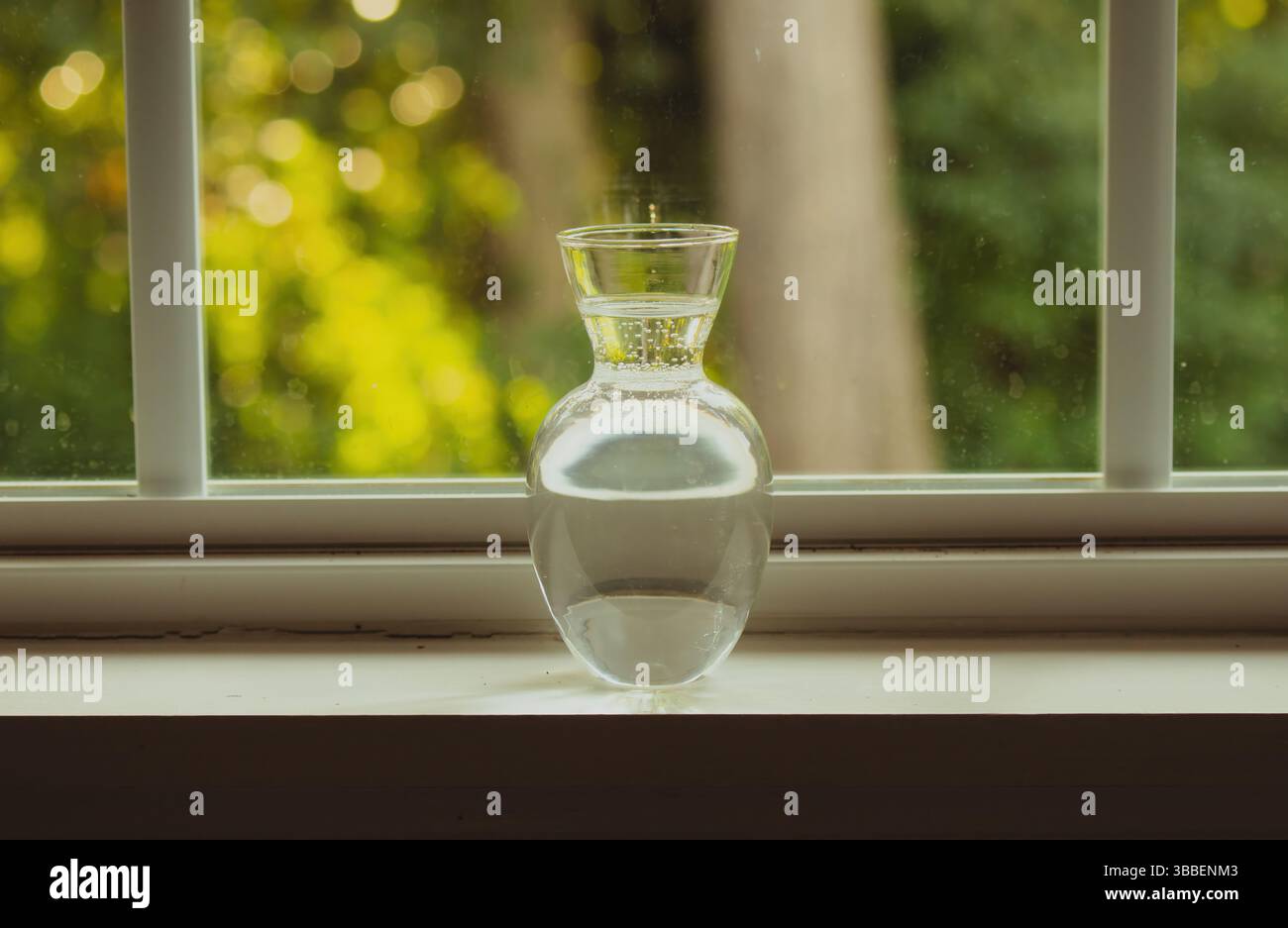 Un semplice ed elegante vaso di vetro riempito a metà strada d'acqua siede serenamente su un davanzale della finestra. Foto Stock