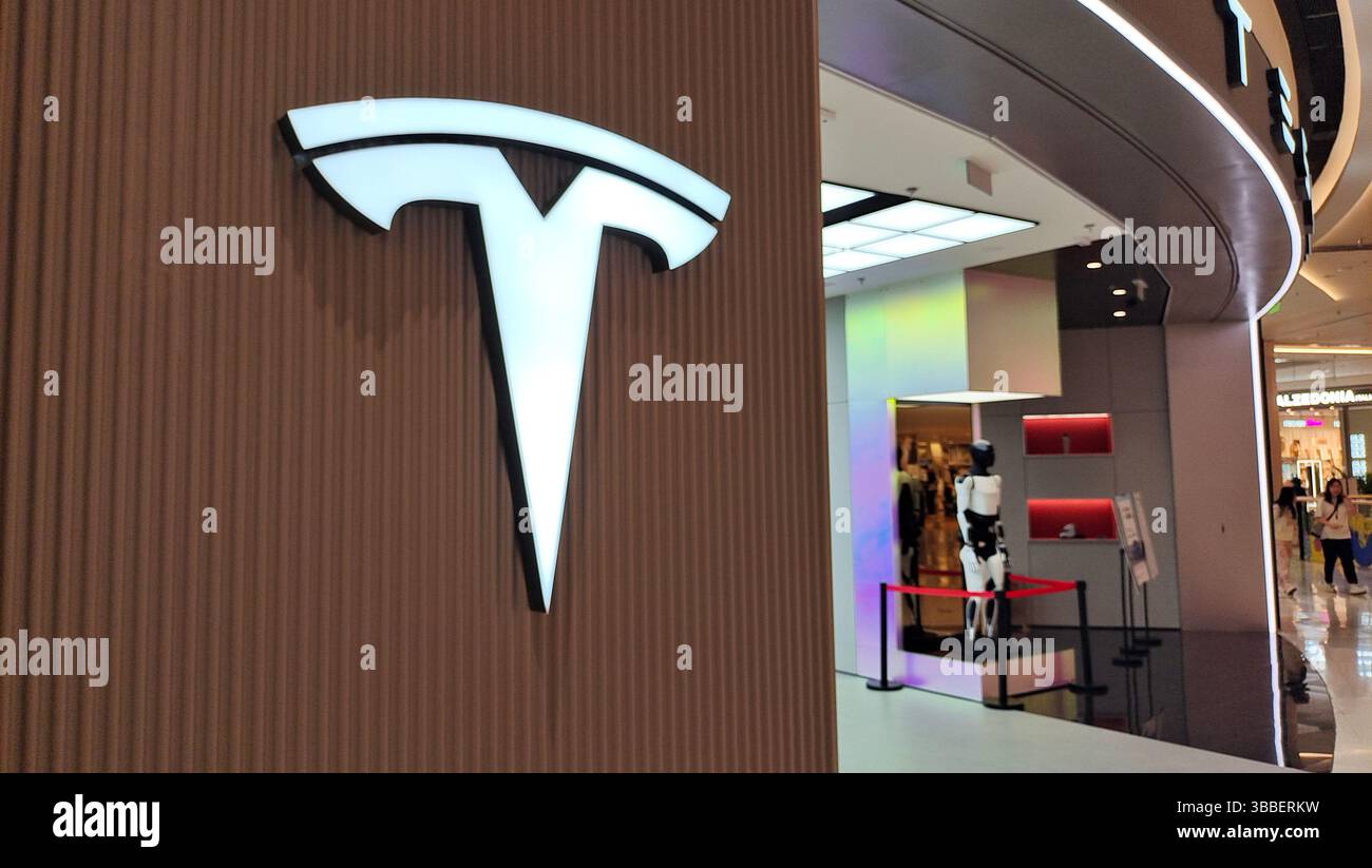 SHANGHAI, CINA - 15 MAGGIO 2025 - il robot umanoide Tesla Optimus Gen-2 in mostra in un negozio Tesla a Shanghai, Cina, il 15 maggio 2025. Foto Stock