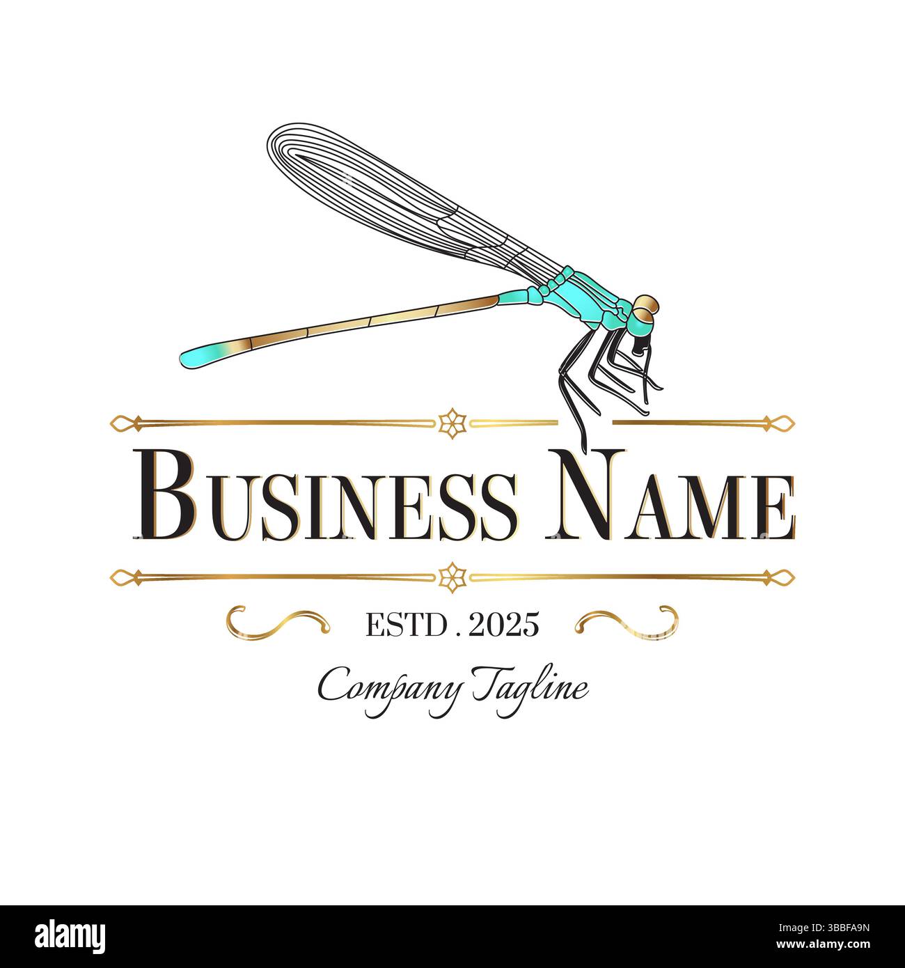 Logo Dragonfly dorato vintage in stile retrò Illustrazione Vettoriale
