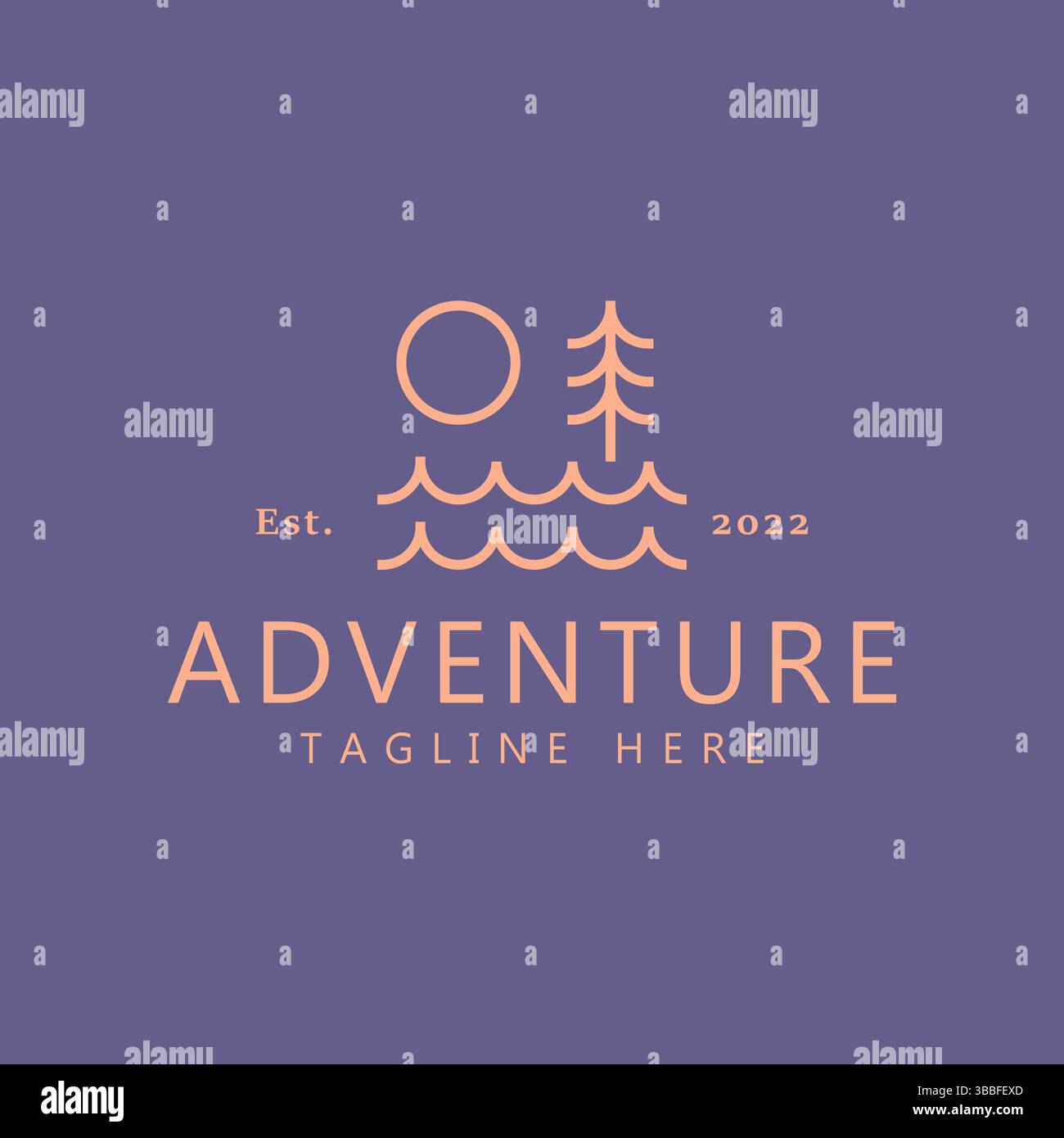 Illustrazione semplice stile di Natural Creation Life Concept Symbol Logo Badge. Mare, pino, sole e viaggio. Illustrazione Vettoriale