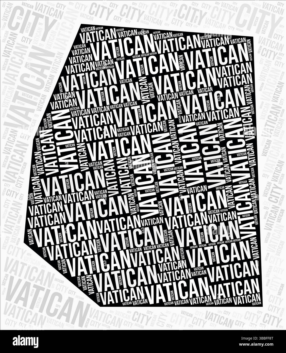 Le regioni della città del Vaticano mappano le nuvole di parole. Nomi della regione della città del Vaticano. Design della mappa in bianco e nero. Elegante illustrazione vettoriale. Illustrazione Vettoriale