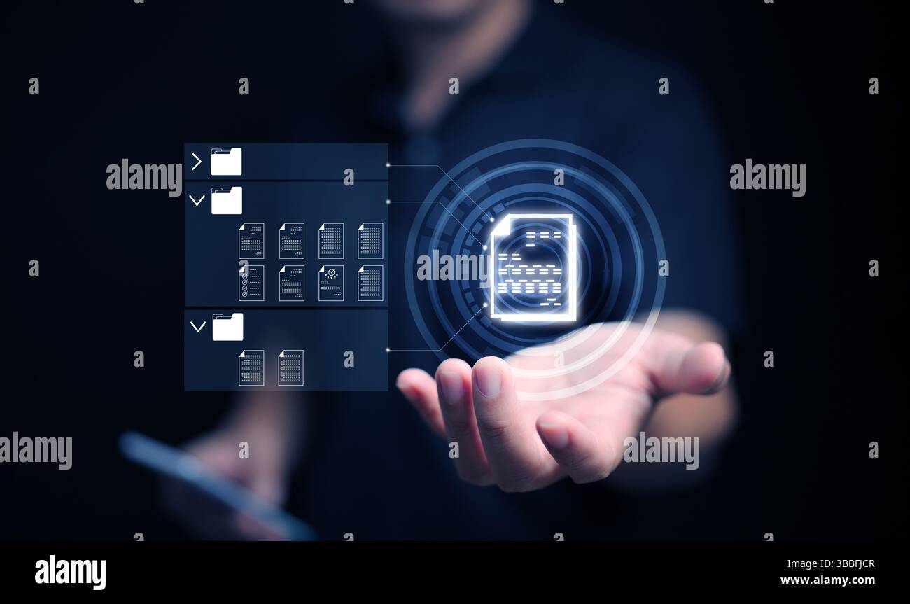 Concetto di sistema di gestione dei documenti. Un uomo con il suo smartphone cerca un file memorizzato nel sistema DMS per archiviare, condividere, monitorare e gestire i file o. Foto Stock